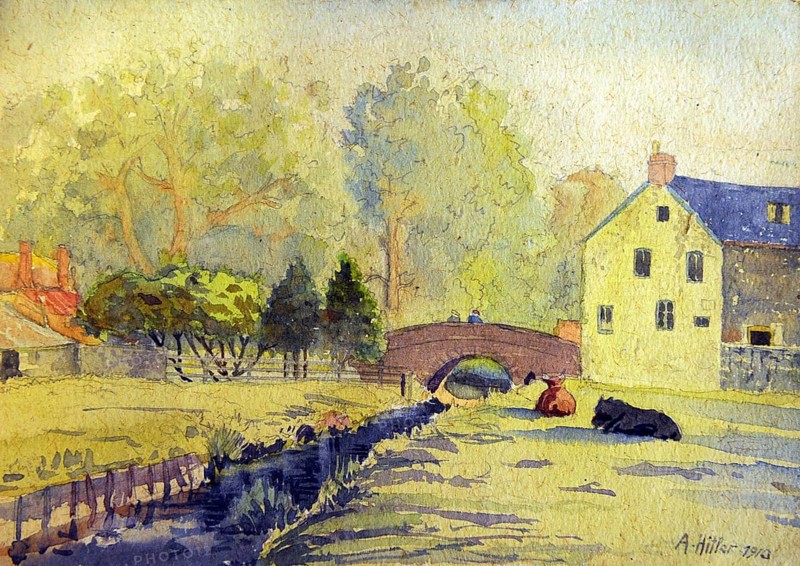 Landscape with stream and bridge, Painting by Adolf Hitler (1889-1945), Historical, digitally restored reproduction from a 20th century original, public domain, Record date not stated
