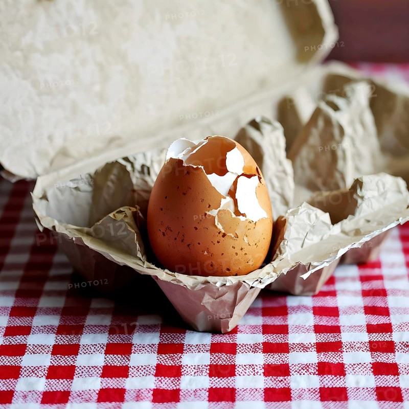 Cracked egg partially spilled on a checkered tablecloth, AI generated