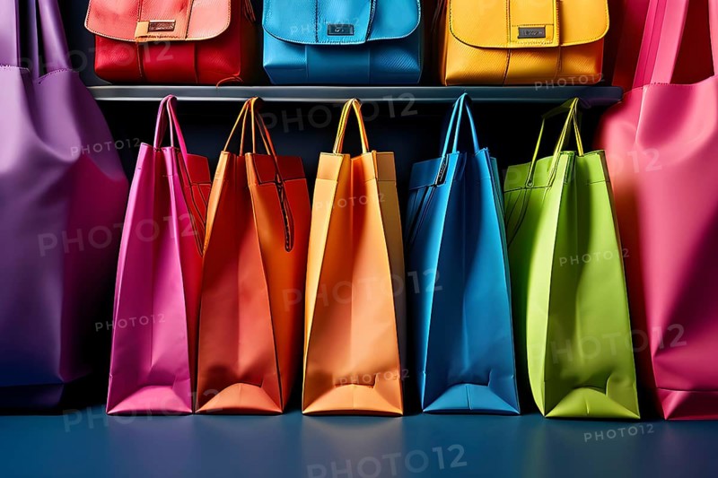 Assorted vibrant shopping bags lined up in front of a colored background, AI generated