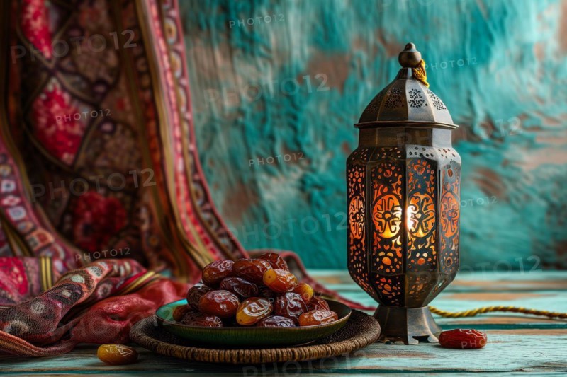 Ramadan lantern with a plate of succulent figs, set on an ornate table with intricate designs, evoking the rich traditions and serene moments of the holy month, AI generated