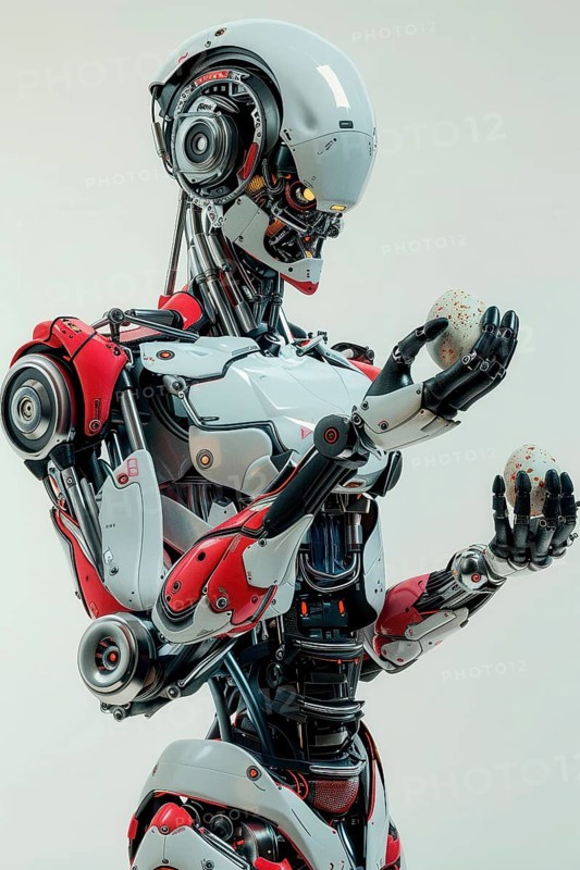 Futuristic humanoid robot holding eggs in his hand in front of white background, AI generated