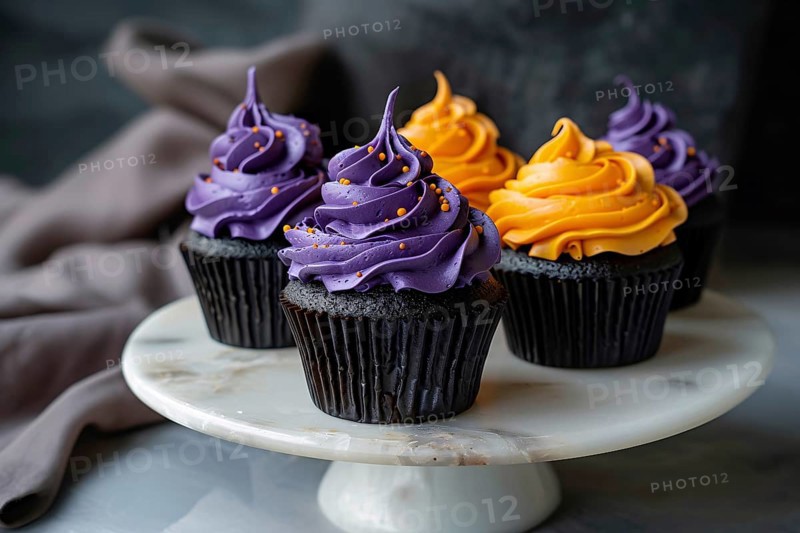 Black Halloween cupcake with purple and orange colored frosting. Generative Ai, AI generated