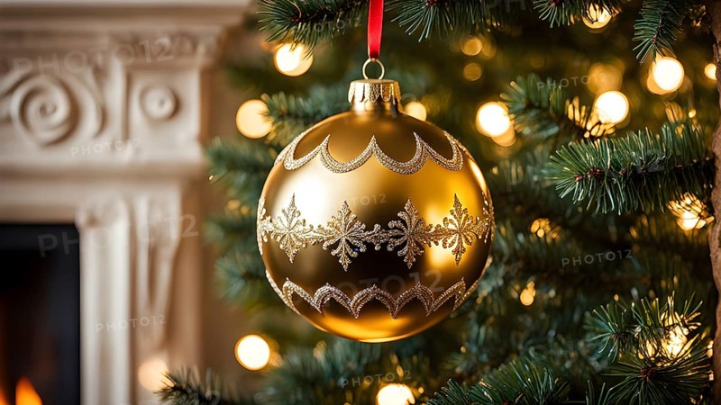 Christmas ornament hanging on a tree, with reflections of twinkling lights and fireplace flames flickering in the background, AI generated