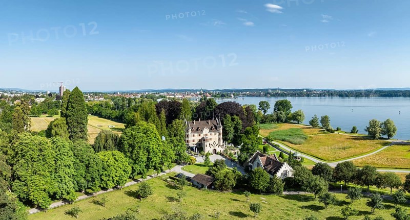 Aerial view, panorama of Seeburg Castle with integrated catering and event location in Seeburgpark on the Swiss shore of Lake Constance, on the horizon the city of Constance, Kreuzlingen, Canton Thurgau, Switzerland, Europe