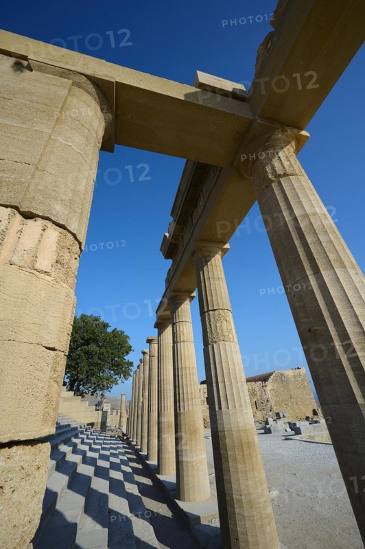 Super wide angle shot, Acropolis of Lindos, morning light, Propylaea with staircase, Lindos, Rhodes, Dodecanese, Greek Islands, Greece, Europe