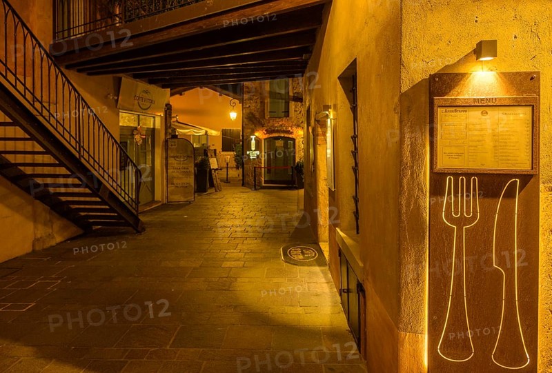 Restaurant sign with knife and fork in Borghetto, Valeggio sul Mincio, Province of Verona, Italy, Europe