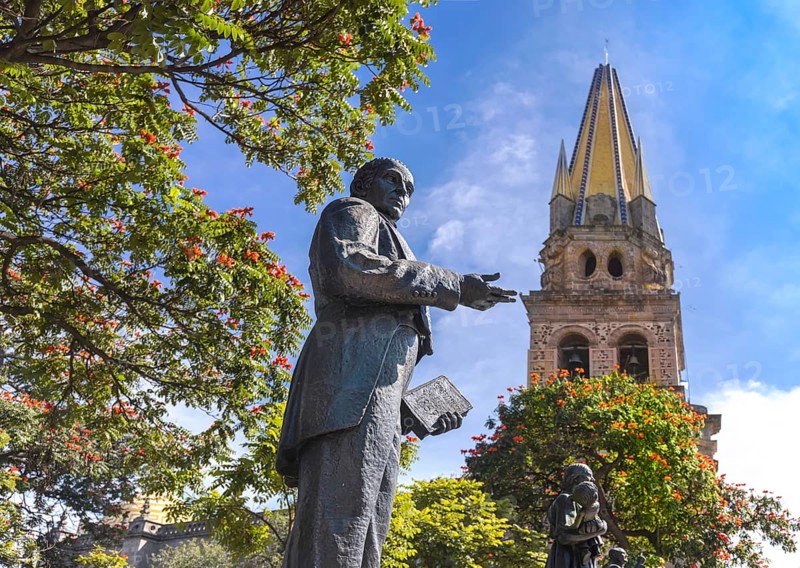 Guadalajara, Jalisco, Mexico, October 14, 2021: Statues in front of the landmark Guadalajara Central Basilica Cathedral, Cathedral of the Assumption of Our Lady in historic city center, Central America