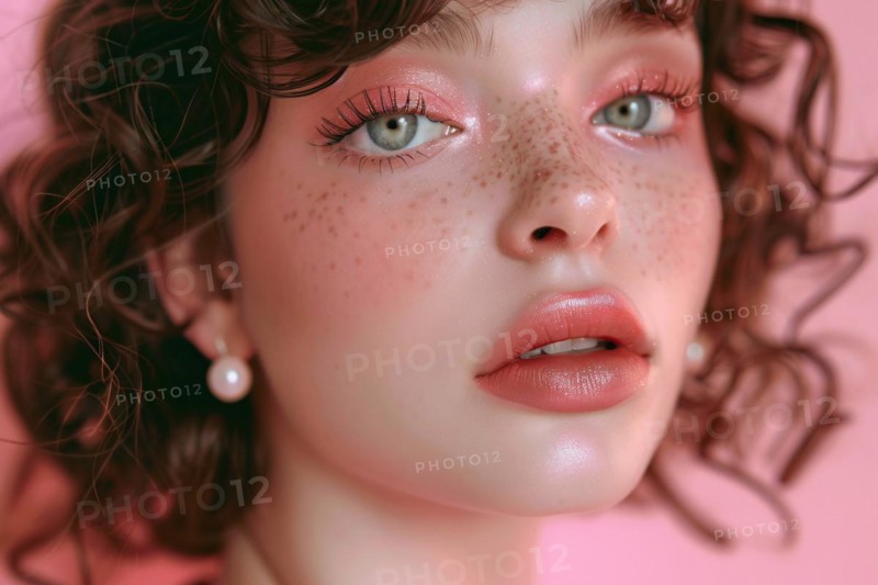Portrait of beautiful young woman with doll-like features and pink makeup. KI generiert, generiert, AI generated