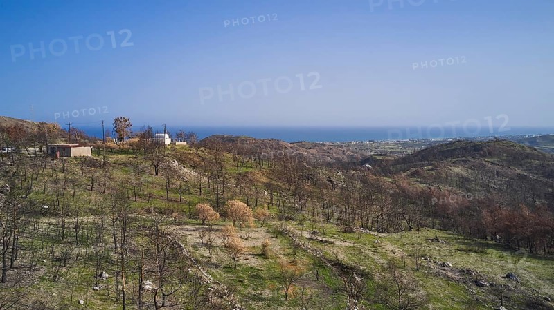 Drone image, above Kiotari, view of a hilly, burnt landscape with the sea in the background on a clear summer day, forest fires, summer 2023, forest fire damage, Rhodes, Dodecanese, Greek Islands, Greece, Europe
