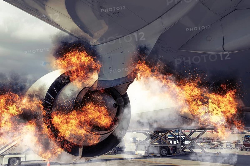 Grounded plane in the airport experiencing a catastrophic failure event caused by burning engine, fire and smoke