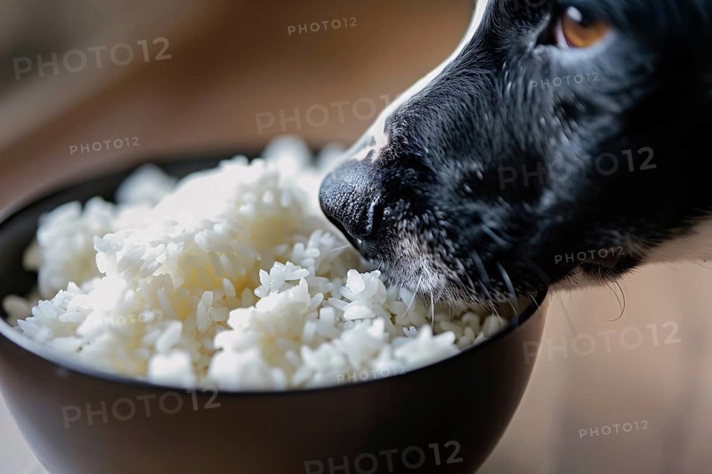 Dog eating light food rice out of bowl. Generative Ai, AI generated