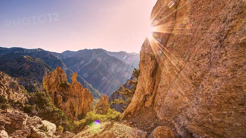 HDR, Jagged Rock, Rock face, Gingilos, Hike on the Gingilos, Morning light, Back light, Sun rays, Cloudless blue sky, Samaria Gorge, Omalos, Lefka Ori, White Mountains, West Crete, Island of Crete, Greece, Europe