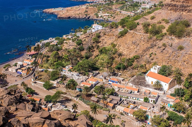 View over city with houses and church. Ciudad Velha. Cidade Velha. Santiago. Cabo Verde. Africa