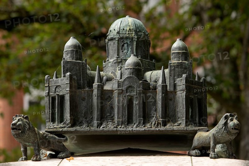 Bronze sculpture with a miniature of the city of Jerusalem on the ashlar of the synagogue memorial, Hildesheim, Lower Saxony, Germany, Europe