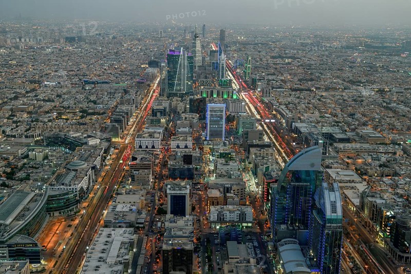 Panoramic view from the Sky Bridge, blue hour, Kingdom Center, Riyadh, Saudi Arabia, Asia