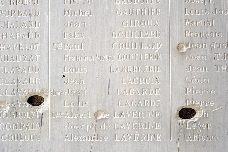 Bullet holes inside the church. The burnt village of Oradour-sur-Glane was destroyed on 10 June 1944 when 642 of its inhabitants, including woman and children, were massacred by a German Waffen SS company, Limousin, France, Europe