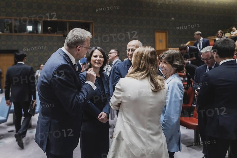 Annalena Bärbock (Bündnis 90 Die Grünen), German Foreign Minister, Zbigniew Rau, Foreign Minister of Poland, and Catherine Colonna, Foreign Minister of France, photographed at the UN Security Council meeting and consultation on the situation in Ukraine in New York City, 17 July 2023. Annalena Bärbock travels to New York to attend the ceremony marking the 25th anniversary of the Rome Statute of the International Court of Justice., New York City, United States, North America