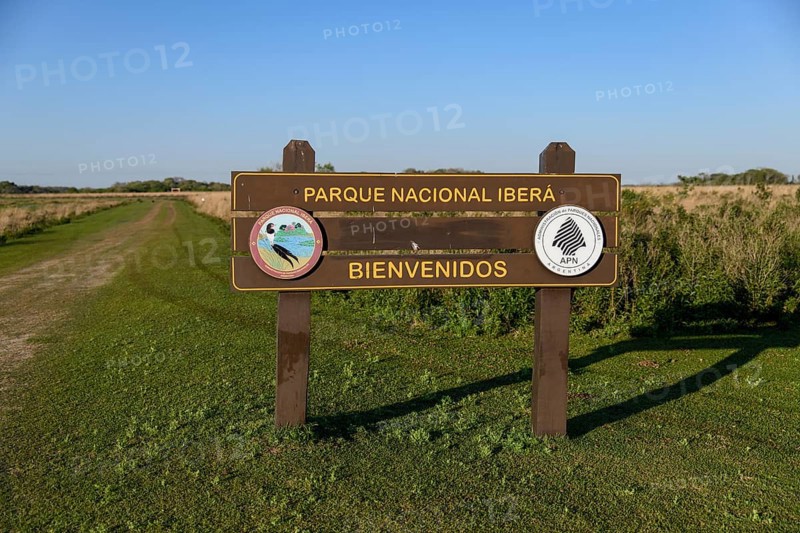 Iberá National Park sign, near Cambyretá, Esteros del Iberá, Corrientes Province, Argentina, South America