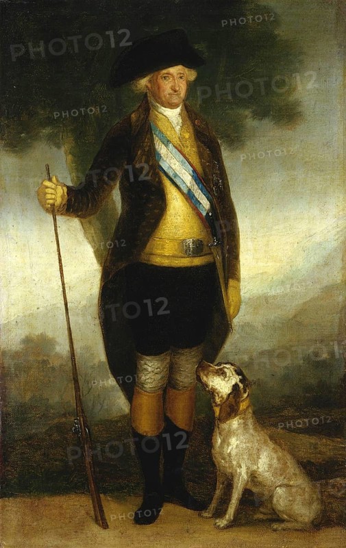 Charles IV, Carlos IV, 11 November 1748 to 20 January 1819, Spanish King from 14 December 1788 until his abdication on 19 March 1808, here as a hunter with hunting dog and hunting rifle, painting by Francisco de Goya, Historical, digitally restored reproduction from an original of the time