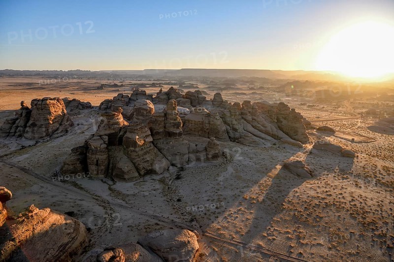 Rock landscape at Jabal Ithlib, blue hour, aerial view, Hegra or Mada'in Salih, AlUla region, Medina province, Saudi Arabia, Arabian Peninsula, Asia