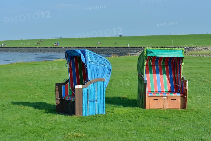 Roofed wicker beach chairs at the Hörn swimming spot, Pellworm, North Frisia, Schleswig-Holstein, Germany, Europe