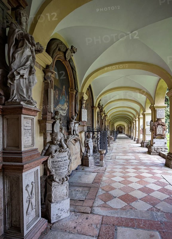 Crypt arcades, grave counters in the arcade of St. Sebastian's Cemetery, Church of St. Peter, Salzburg, Austria, Europe