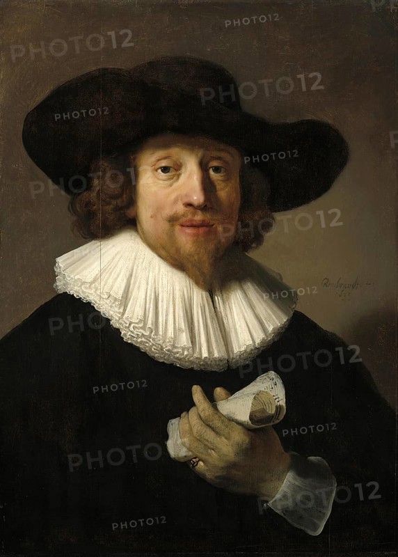 Mann mit Notenblatt, Man with a Sheet of Music, Painting by Rembrandt van Rijn (1606) (1669), Historic, digitally enhanced reproduction of an original from the period