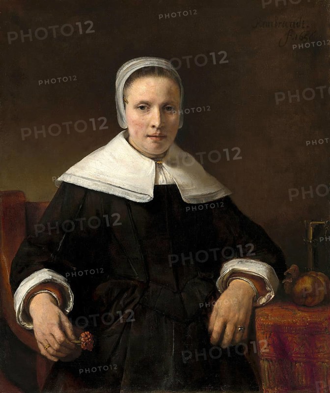 Woman Holding a Pink Flower, A Woman Holding a Pink, Painting by Rembrandt van Rijn (1606) (1669), Historic, digitally enhanced reproduction of an original from the period
