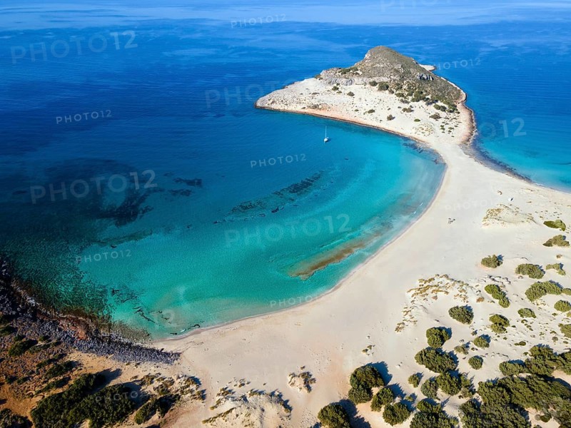 Drone shot, double bay of Simos beach, Sarakiniko beach, Elafonisos, Deer Island, Laconia, Peloponnese, Ionian Islands, Ionian Sea, Greece, Europe