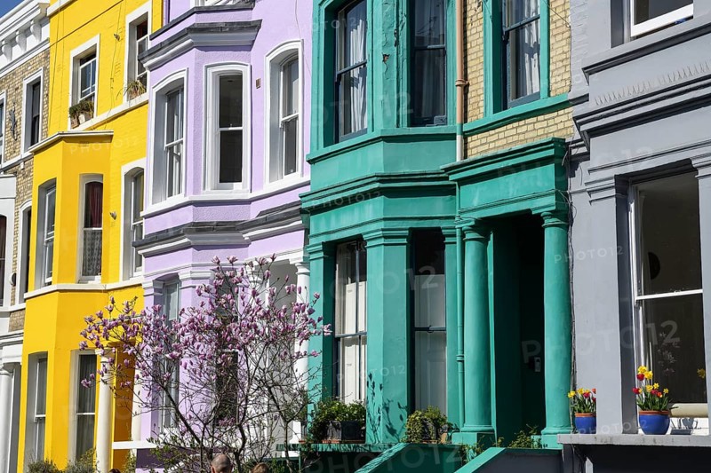 Colourful house facades on Lancaster Road, detail, Notting Hill, London, England, United Kingdom, Europe