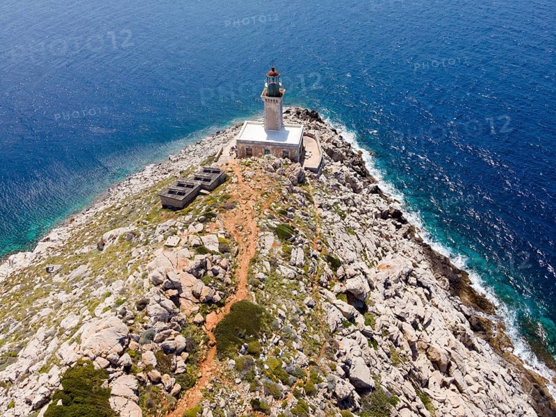 Drone shot, Akrotiri Tenaro lighthouse at the southernmost point of the Peloponnese, Cape Matapan, Mani, Laconia, Peloponnese, Greece, Europe