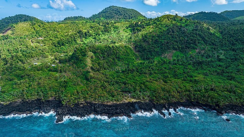 Aerial of the volcanic south coast, Taveuni, Fiji, South Pacific, Oceania