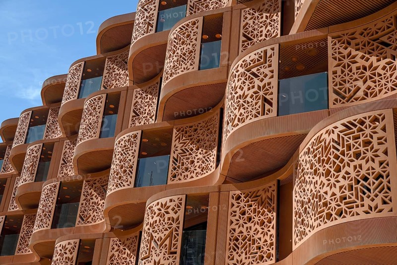 House facade, Masdar City urban development project, first emission-free eco-city, Emirate of Abu Dhabi, United Arab Emirates, Asia