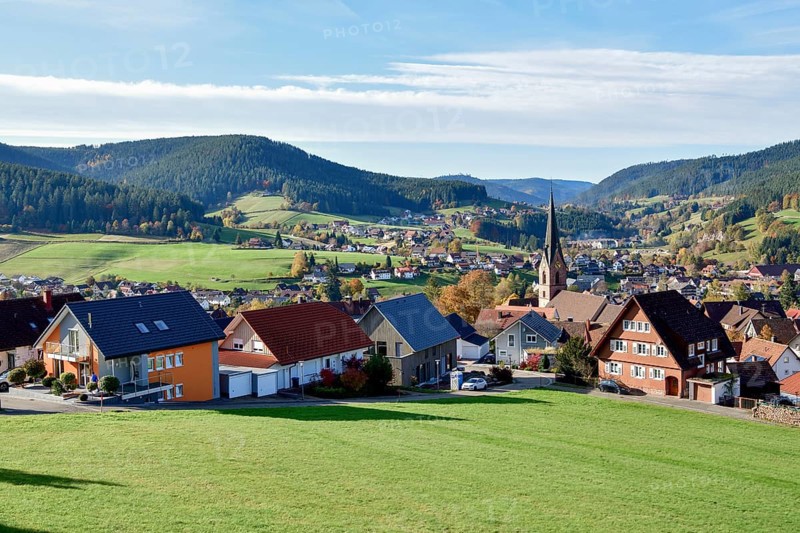 View of Baiersbronn with St. Mary's Church, Freudenstadt district, Black Forest, Baden-Württemberg, Germany, Europe