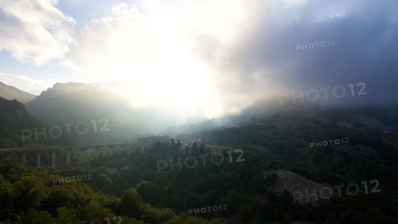 Fog, Backlight, Bridge, Mountains, Madonie National Park, Spring, Sicily, Italy, Europe