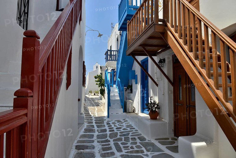 Narrow alley with staircases in the historic centre, Mykonos Town or Chora, Mykonos, Cyclades, Greece, Europe