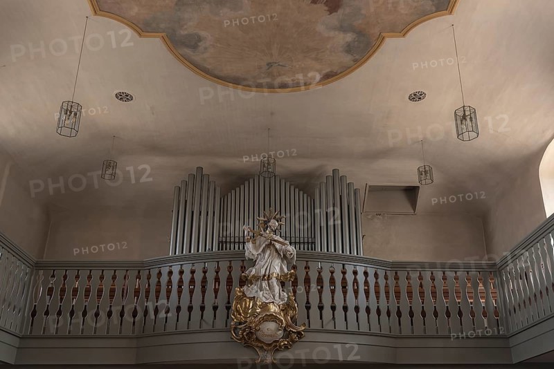 Figure of St. Nepomuk in front of the organ loft in the parish church of St. James the Elder, built 1757-1792, Viereth-Trunstadt, Lower Franconia, Bavaria, Germany, Europe