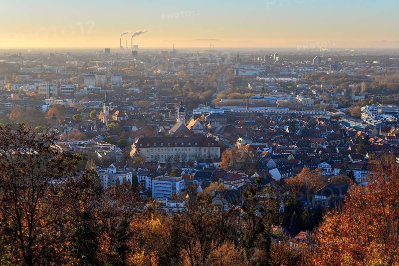 View from the Turmberg towards Durlach with town church and town hall, in the background the city of Karlsruhe, autumn, Karlsruhe, Baden-Württemberg, Germany, Europe