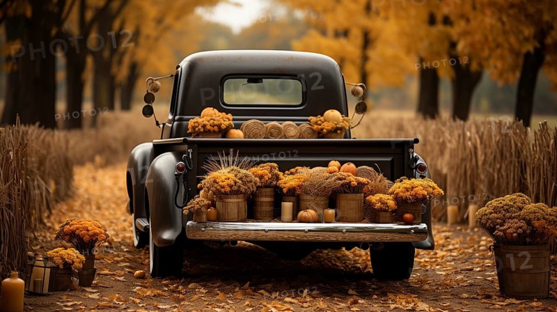 Vintage truck bed filled with fall themed decorations and pillows, generative AI