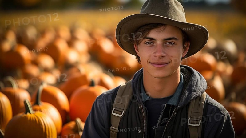 Young adult male farmer wearing cowboy hat standing outdoors near his pumpkin patch harvest, generative AI