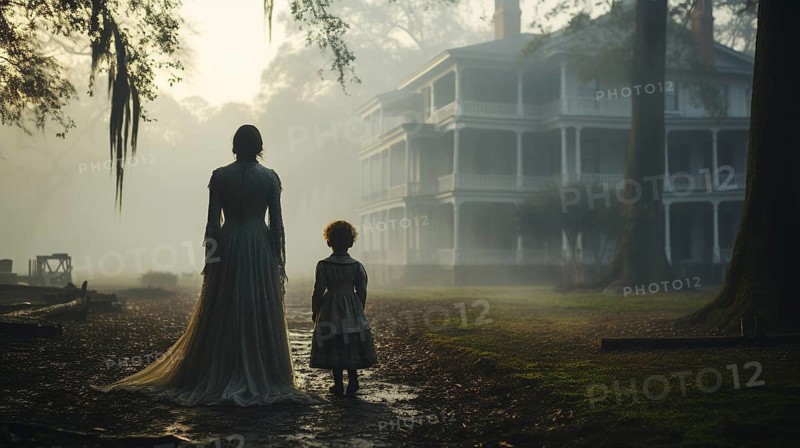 Eerie haunting ghostly silhouetted female and child figures walking in front of a foggy southern plantation antebellum mansion on halloween night, generative AI