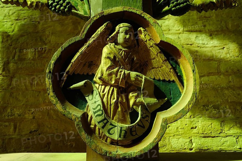 S. Matheus, wood carving of an evangelist, foot end late Gothic triumphal cross of the later 15th century, originally in the Georgenkirche, today installed in the Nikolaikirche, Hanseatic City of Wismar, Mecklenburg-Western Pomerania, Germany, Europe