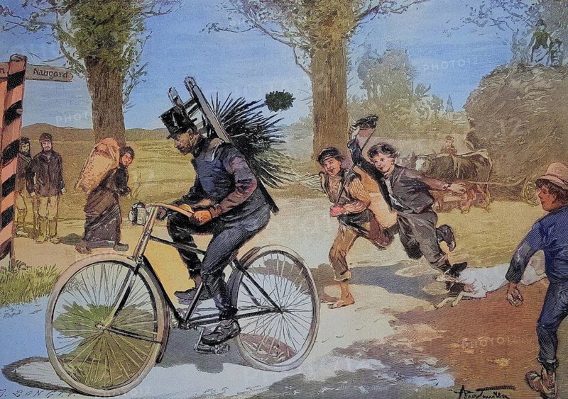 Chimney sweep on a bicycle, Historic, digitally restored reproduction of an original from the 19th century, exact original date not known