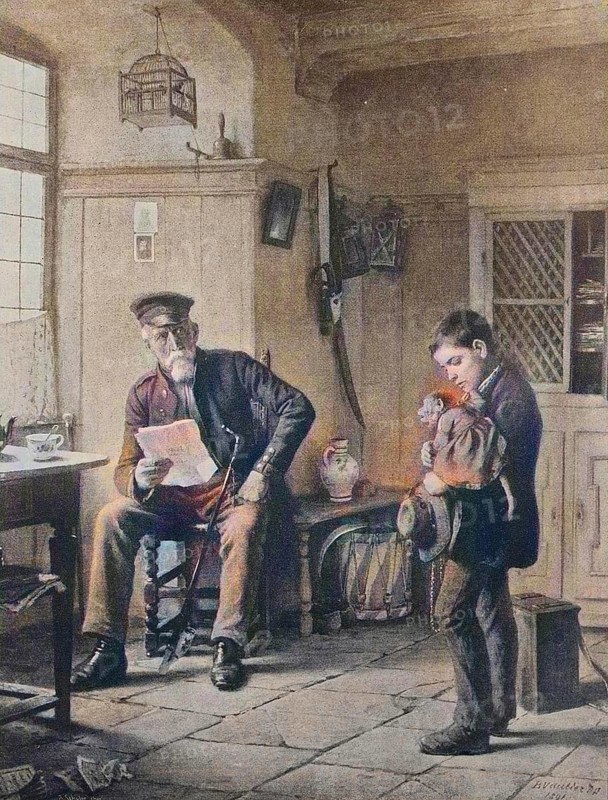 Disrespectful, Boy has a monkey on his arm and presents it to his grandfather, 1880, England, Historic, digitally restored reproduction of a 19th century original