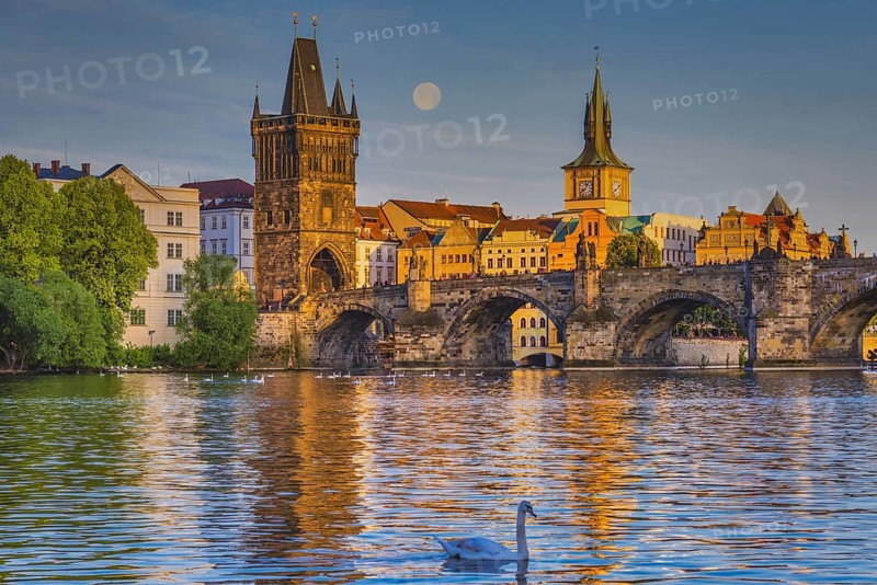 Vltava and Charles Bridge, Old Town Bridge Tower, Old Mill Water Tower, Prague, Bohemia, Czech Republic, Europe
