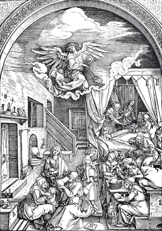 Picture cycle From the Life of the Virgin, the Birth of Mary, woodcut by Albrecht Dürer, historical, digital improved reproduction of an old woodcut