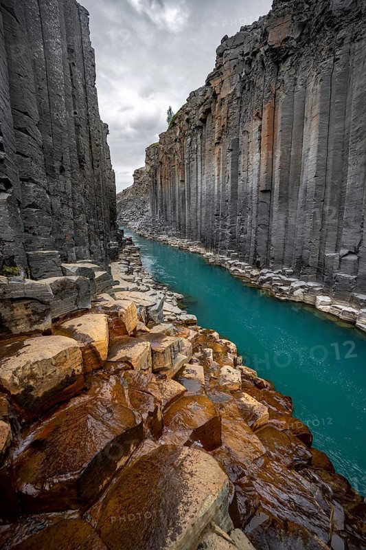 Stuðlagil Canyon, turquoise river between basalt columns, Egilsstadir, Iceland, Europe