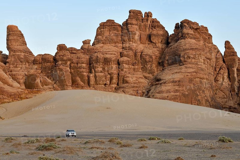 Tourists on a jeep safari in the Ashar Valley, near AlUla, Medina Province, Saudi Arabia, Arabian Peninsula, Asia