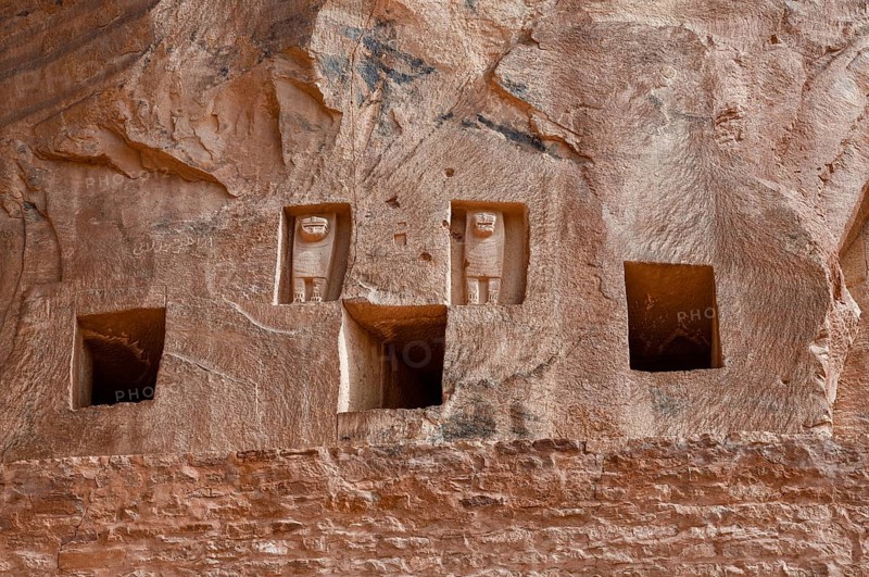 Lion tombs in the rocks of al-Khuraybah, Dadan or Dedan, near AlUla, Medina Province, Saudi Arabia, Arabian Peninsula, Asia