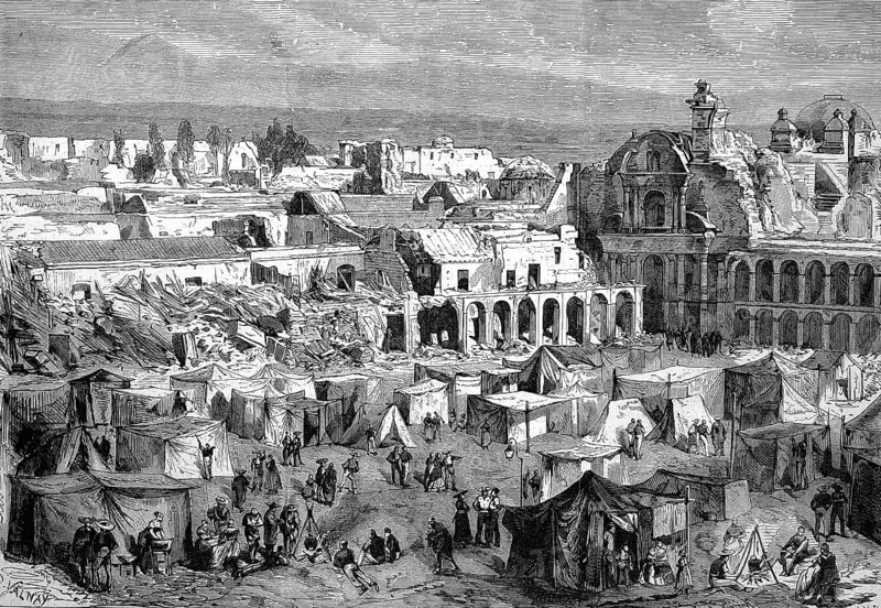 Arequipa, the capital of the Arequipa region of the same name in the south of the South American Andean state of Peru, after an earthquake, 1868, Historic, digitally restored reproduction of an original 19th century painting, exact original date not known